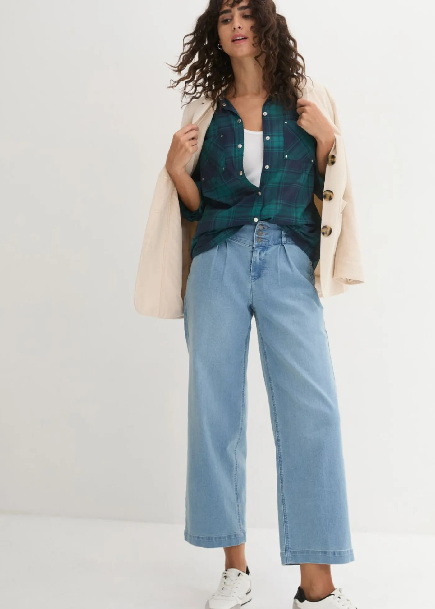 bonprix bonprix Blusa de cuadros de algodón puro verde azulado / azul marino a cuadros Hot