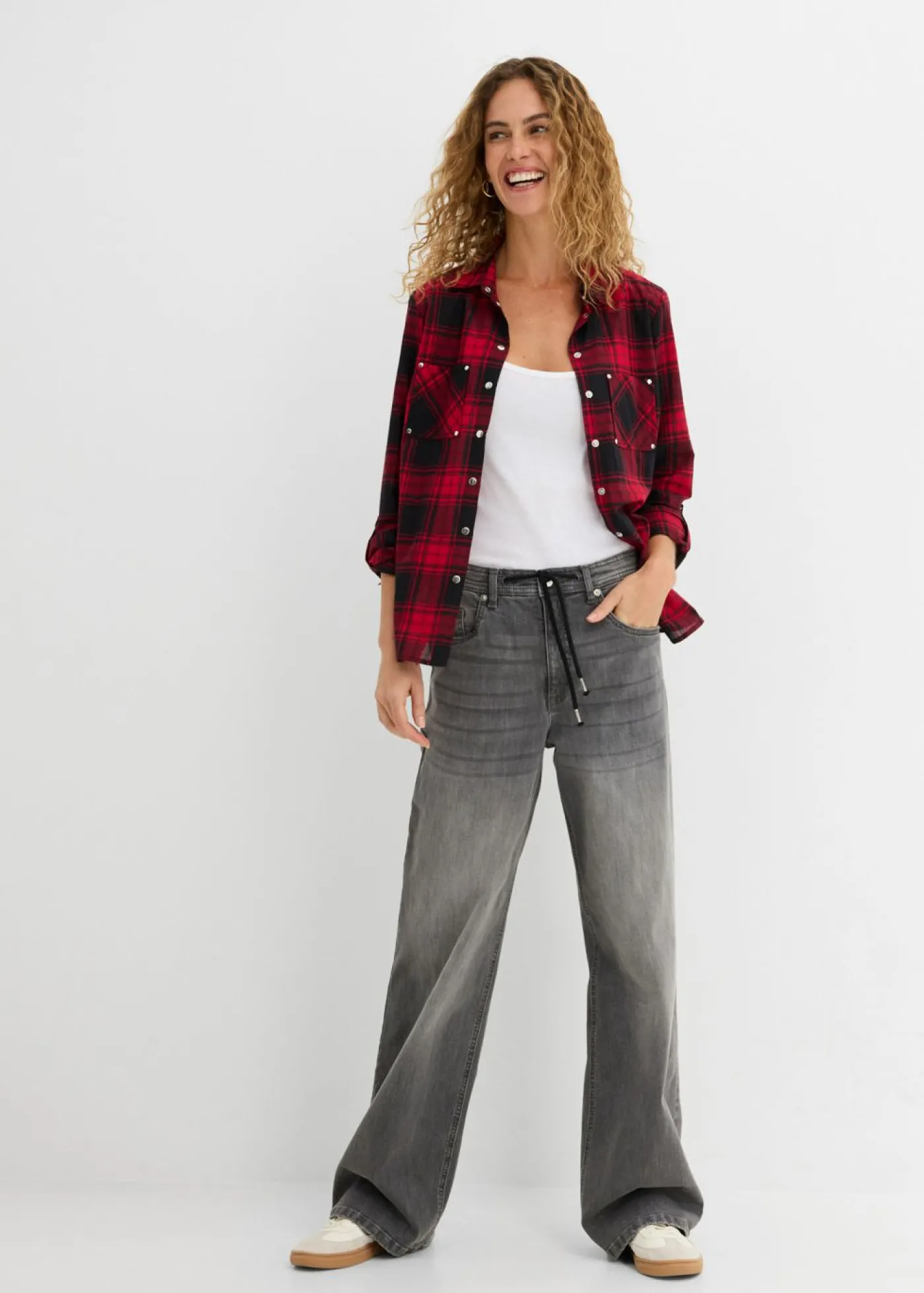 bonprix bonprix Blusa de cuadros de algodón puro Rojo-negro a cuadros Hot
