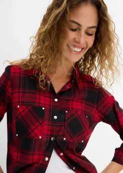 bonprix bonprix Blusa de cuadros de algodón puro Rojo-negro a cuadros Hot