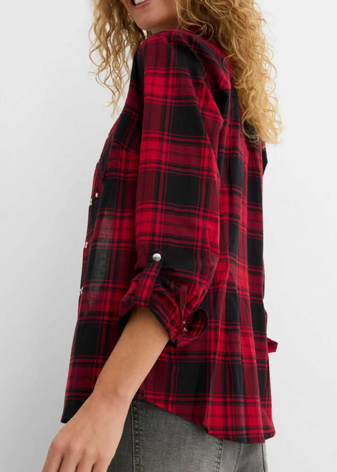 bonprix bonprix Blusa de cuadros de algodón puro Rojo-negro a cuadros Hot