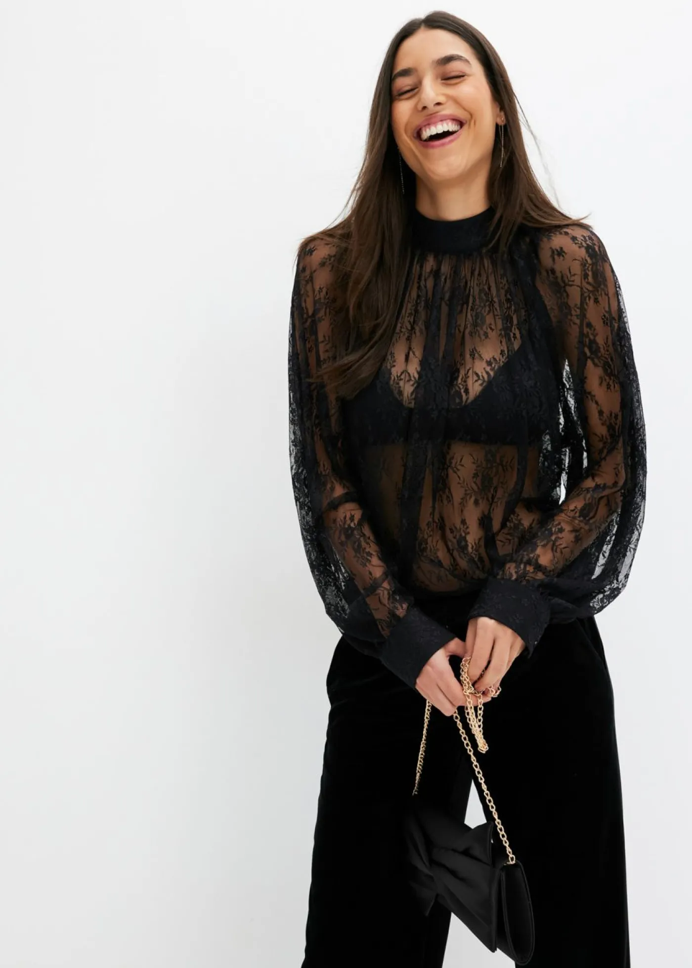 bonprix bonprix Blusa de encaje con ligeras transparencias Negro