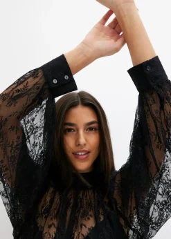 bonprix bonprix Blusa de encaje con ligeras transparencias Negro