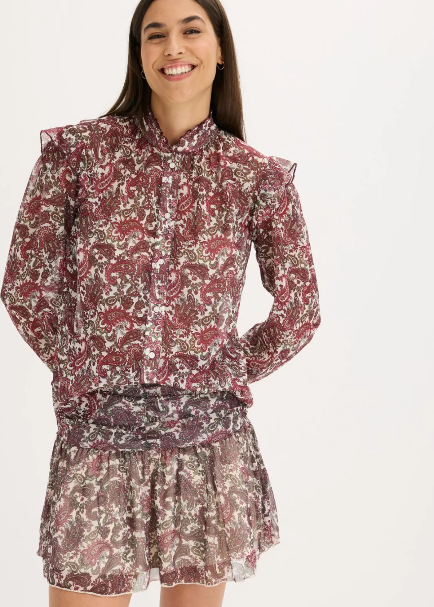 bonprix bonprix Blusa de gasa gris guijarro-rojo azalea-verde oliva oscuro Hot