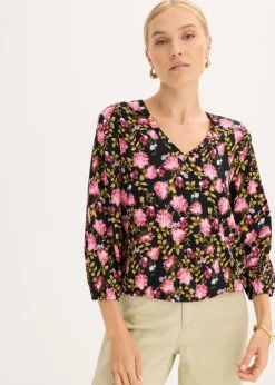 bonprix bonprix Blusa de gasa con fruncido en el bajo Negro de flores Best