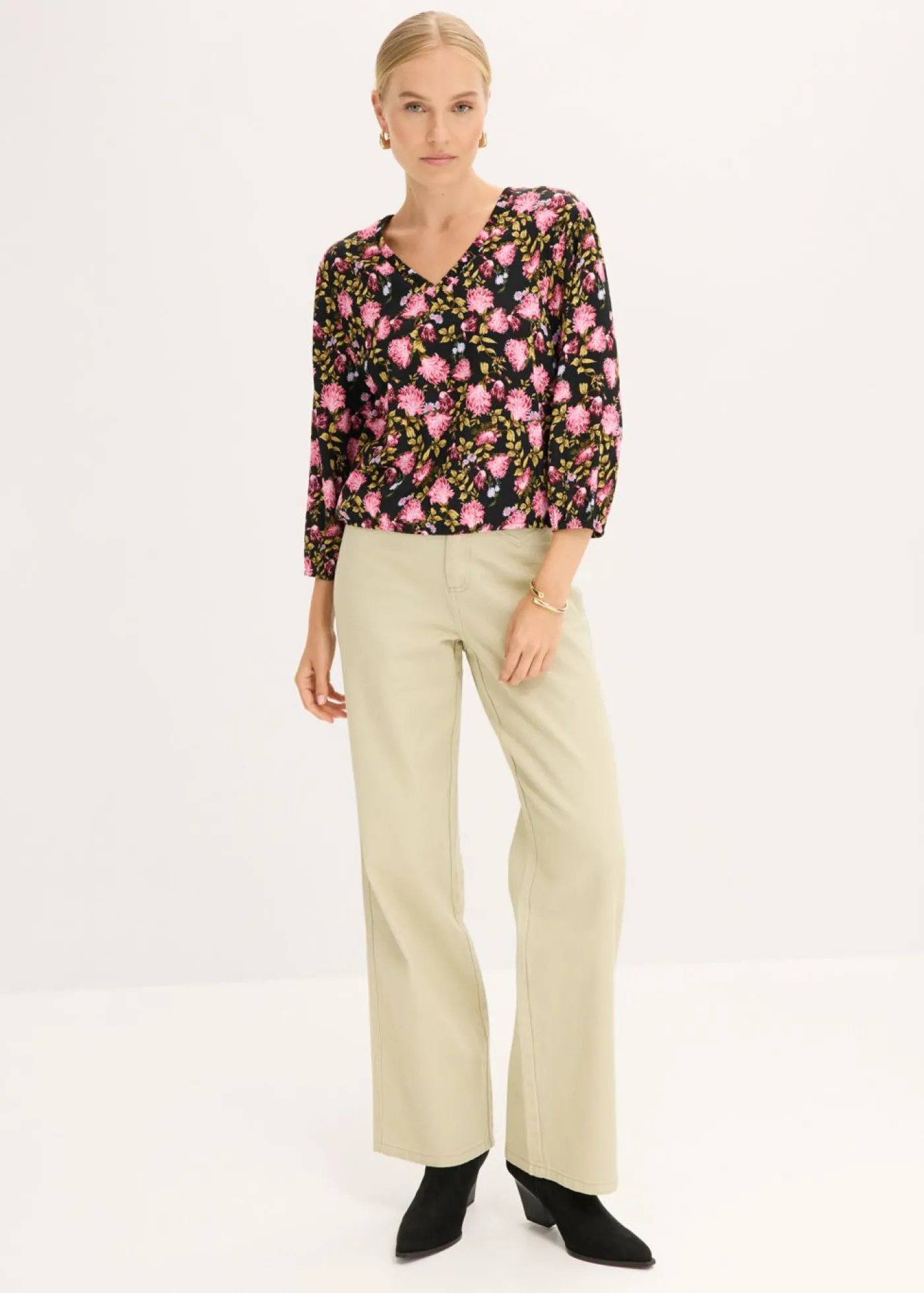 bonprix bonprix Blusa de gasa con fruncido en el bajo Negro de flores Best