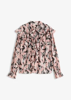 bonprix bonprix Blusa de gasa con volantes Negro-rosa palo Outlet