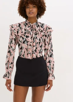 bonprix bonprix Blusa de gasa con volantes Negro-rosa palo Outlet