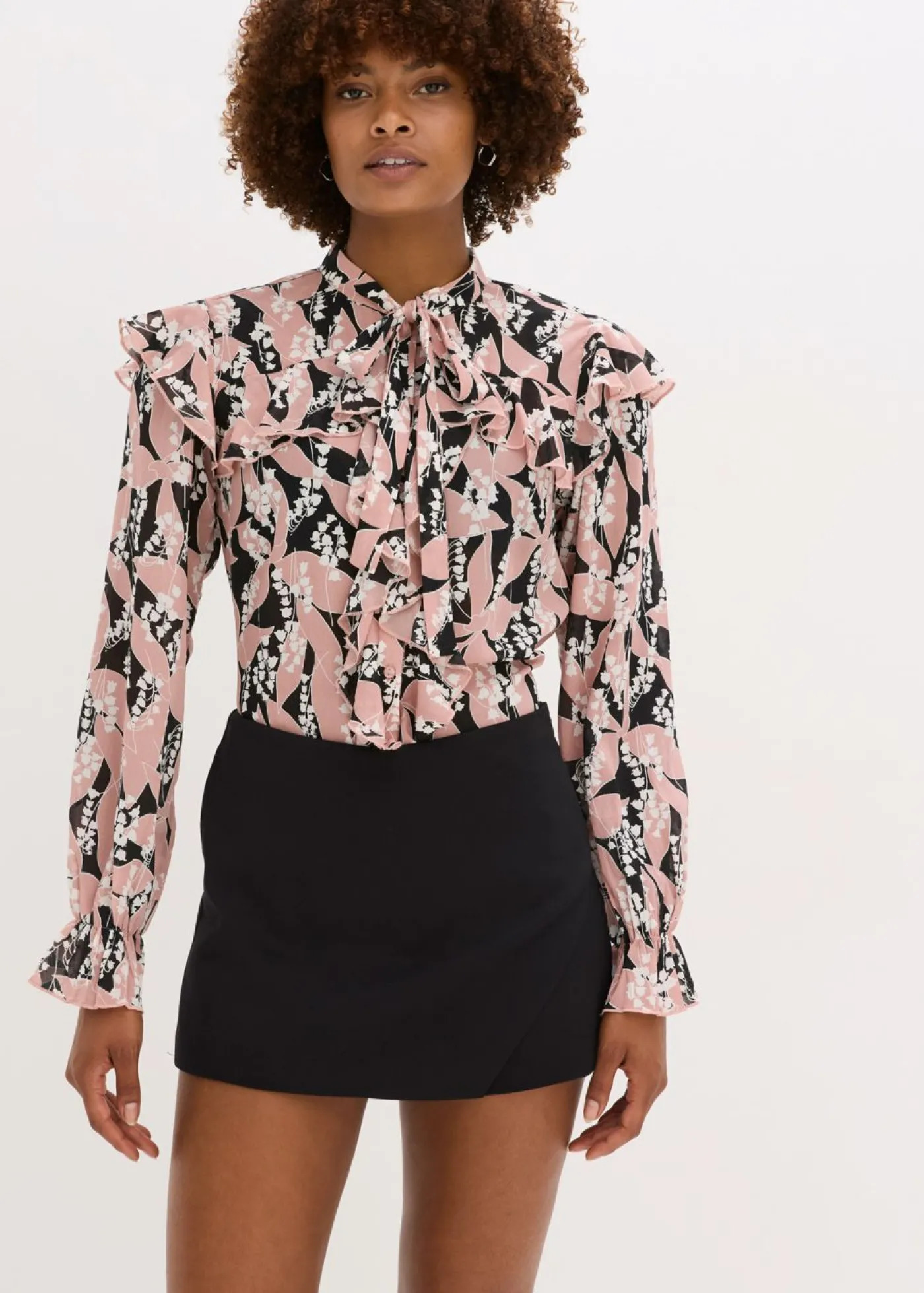 bonprix bonprix Blusa de gasa con volantes Negro-rosa palo Outlet