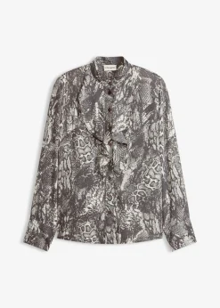 bonprix bonprix Blusa de gasa con volantes piel de serpiente negro-blanco perla Sale