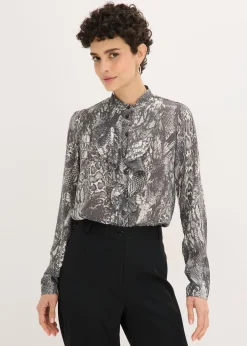 bonprix bonprix Blusa de gasa con volantes piel de serpiente negro-blanco perla Sale