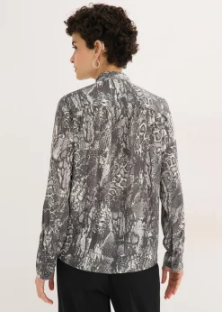 bonprix bonprix Blusa de gasa con volantes piel de serpiente negro-blanco perla Sale
