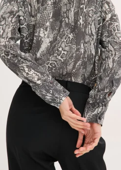 bonprix bonprix Blusa de gasa con volantes piel de serpiente negro-blanco perla Sale