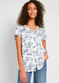 bonprix bonprix Blusa de manga corta Blanco lana-añil con patrón paisley Online