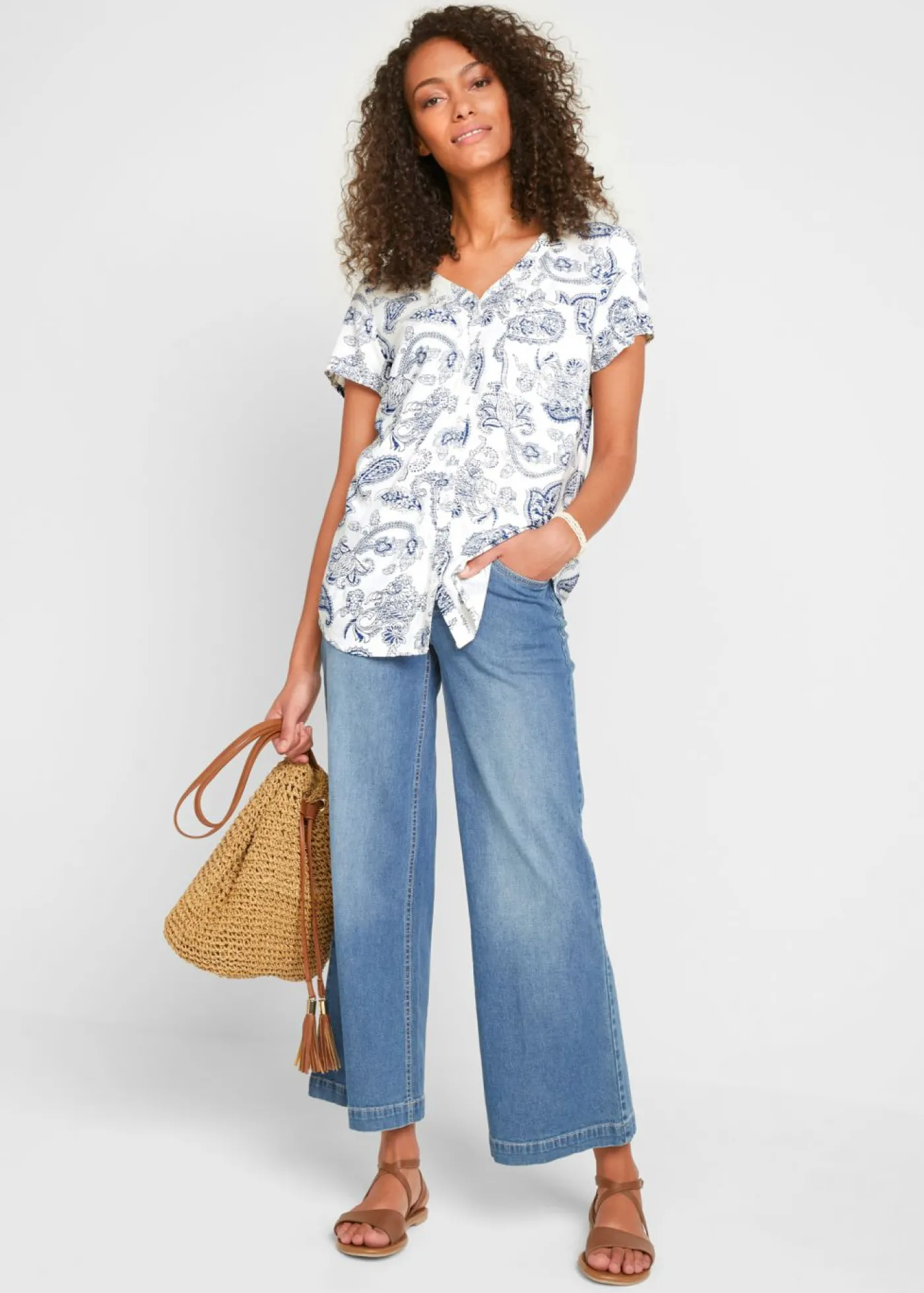 bonprix bonprix Blusa de manga corta Blanco lana-añil con patrón paisley Online