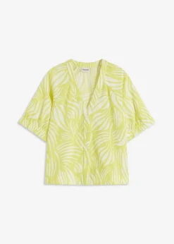 bonprix bonprix Blusa de manga corta con aspecto de lino amarillo cítrico-blanco lana Outlet