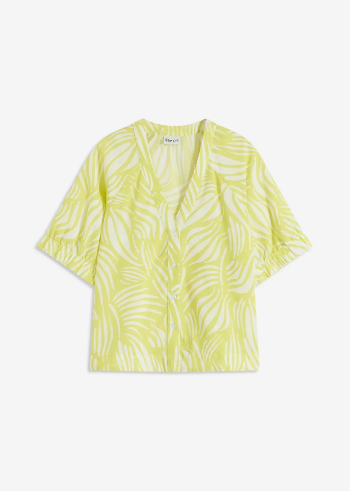bonprix bonprix Blusa de manga corta con aspecto de lino amarillo cítrico-blanco lana Outlet