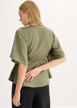 bonprix bonprix Blusa de manga corta con escote pronunciado Verde oliva