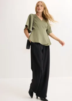 bonprix bonprix Blusa de manga corta con escote pronunciado Verde oliva