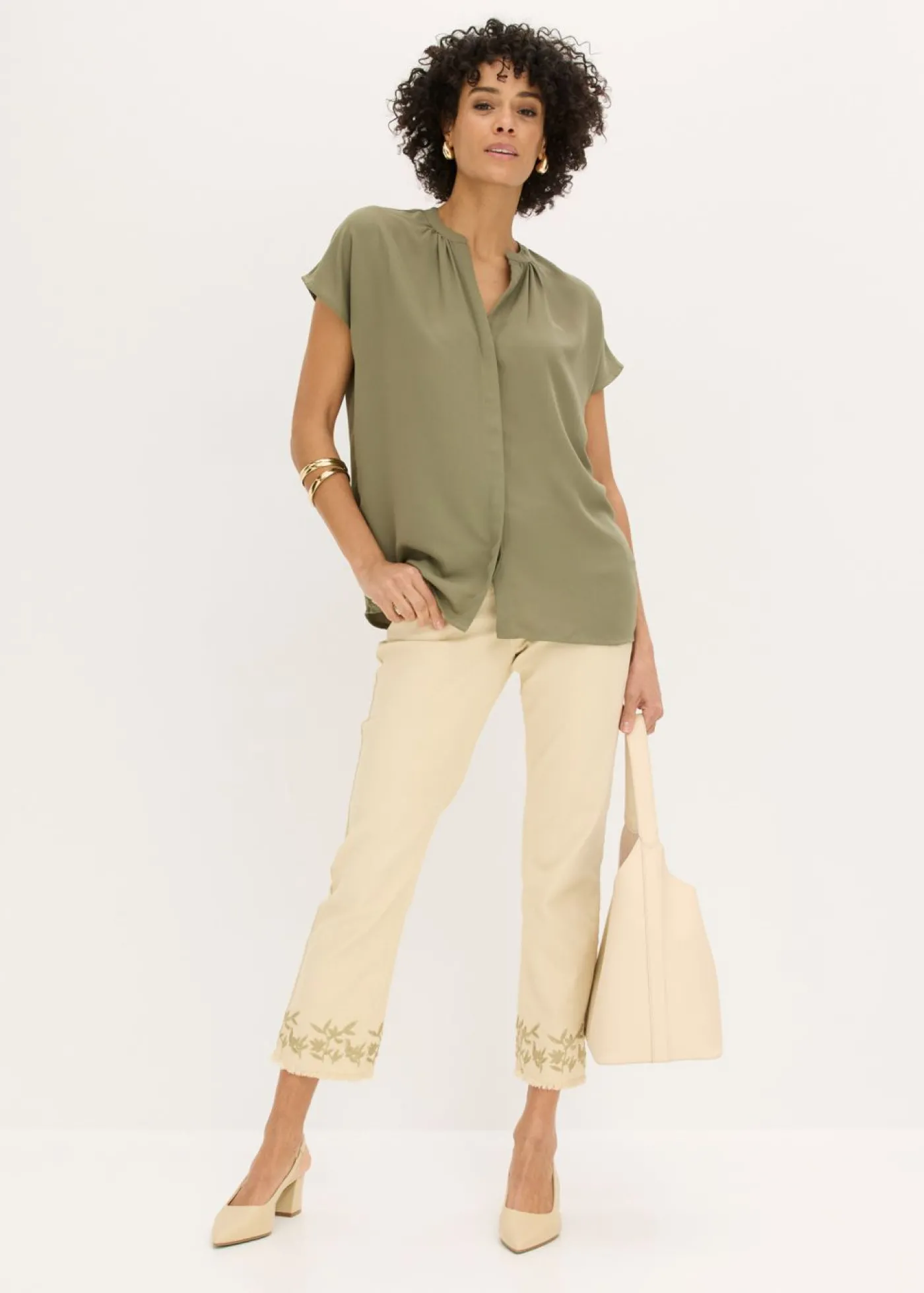 bonprix bonprix Blusa de manga corta con botones ocultos Oliva Discount