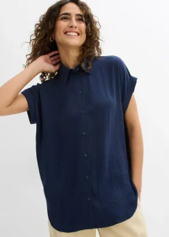 bonprix bonprix Blusa de manga corta con poliéster reciclado Azul marino Clearance