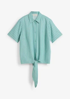 bonprix bonprix Blusa de manga corta con detalle de nudo y diseño a rayas salvia ahumado-blanco lana con rayas
