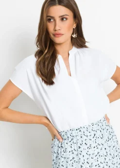 bonprix bonprix Blusa de manga corta con botones ocultos Blanco Clearance