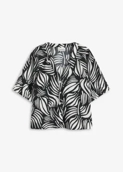 bonprix bonprix Blusa de manga corta con aspecto de lino Negro-blanco lana Discount
