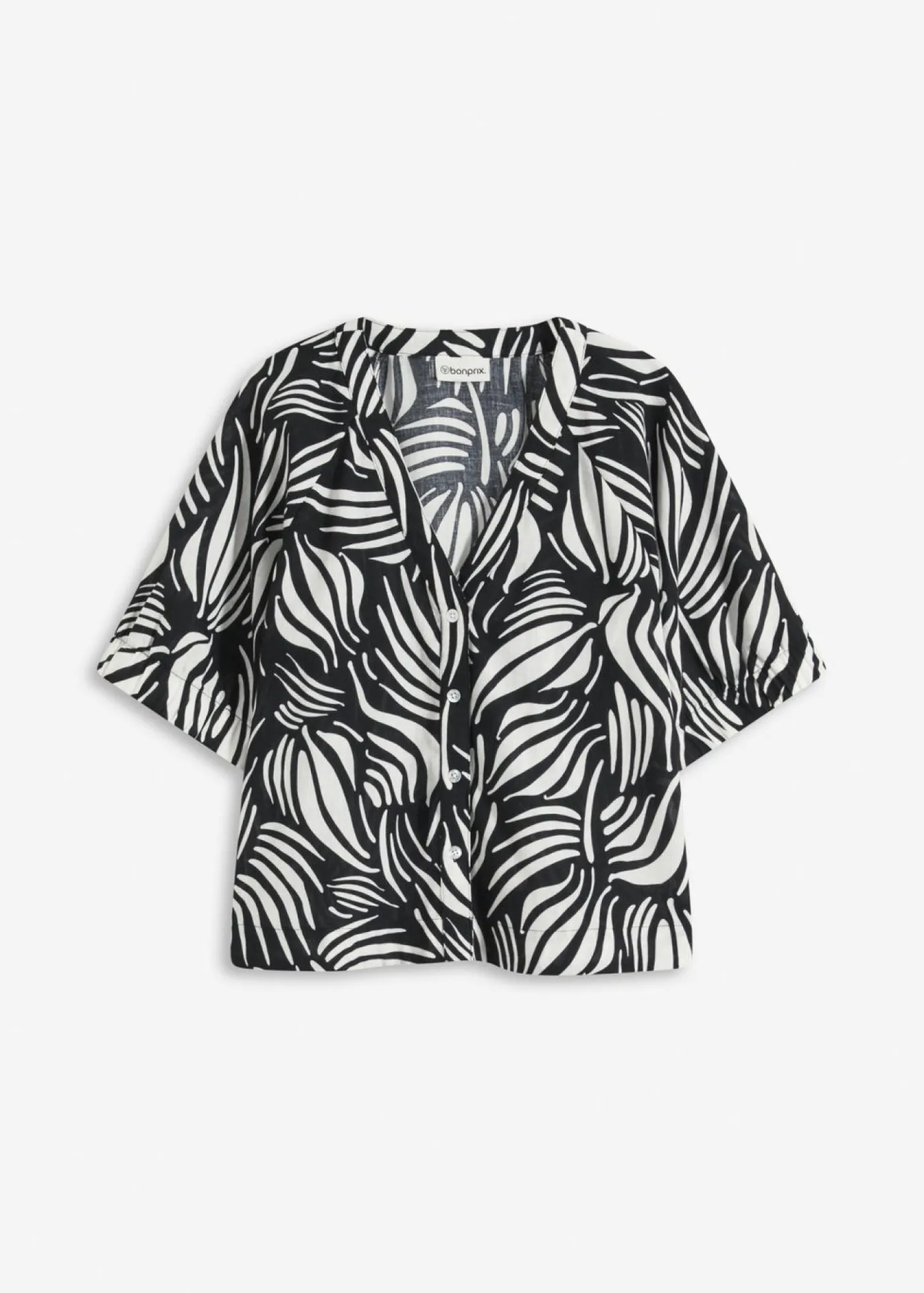 bonprix bonprix Blusa de manga corta con aspecto de lino Negro-blanco lana Discount