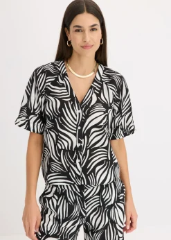 bonprix bonprix Blusa de manga corta con aspecto de lino Negro-blanco lana Discount