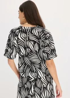 bonprix bonprix Blusa de manga corta con aspecto de lino Negro-blanco lana Discount