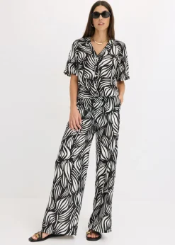 bonprix bonprix Blusa de manga corta con aspecto de lino Negro-blanco lana Discount