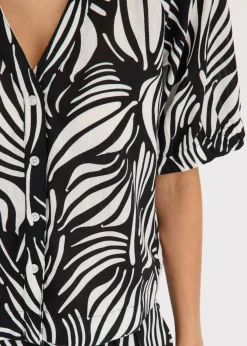bonprix bonprix Blusa de manga corta con aspecto de lino Negro-blanco lana Discount
