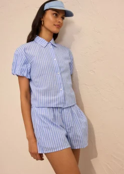 bonprix bonprix Blusa de manga corta de algodón puro Azul-blanco con rayas Sale