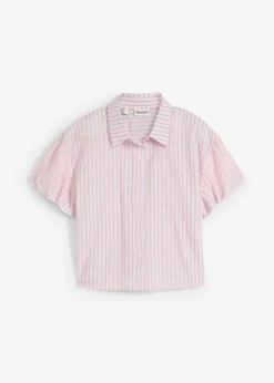 bonprix bonprix Blusa de manga corta de algodón puro rosa pastel-azul claro con rayas