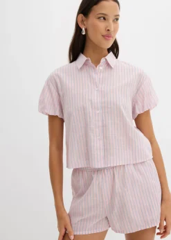 bonprix bonprix Blusa de manga corta de algodón puro rosa pastel-azul claro con rayas