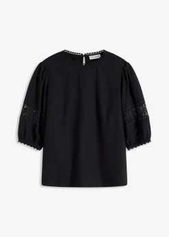 bonprix bonprix Blusa de manga corta de lino Negro Sale