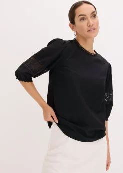 bonprix bonprix Blusa de manga corta de lino Negro Sale