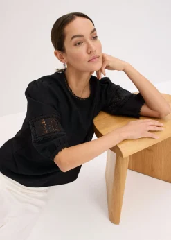 bonprix bonprix Blusa de manga corta de lino Negro Sale