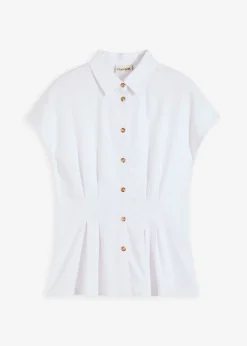 bonprix bonprix Blusa de manga corta de mezcla de lino vaporoso Blanco New