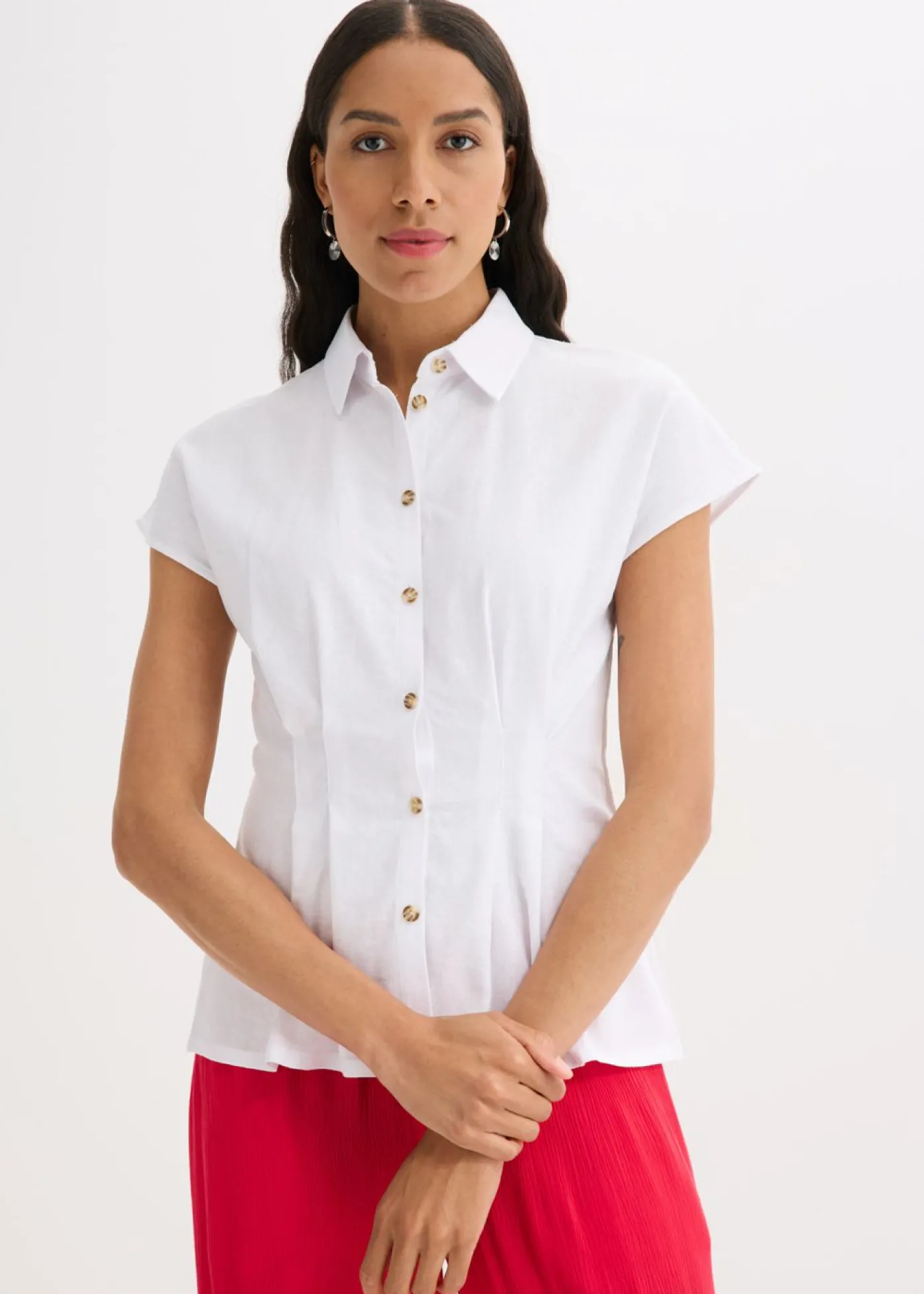 bonprix bonprix Blusa de manga corta de mezcla de lino vaporoso Blanco New