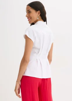 bonprix bonprix Blusa de manga corta de mezcla de lino vaporoso Blanco New