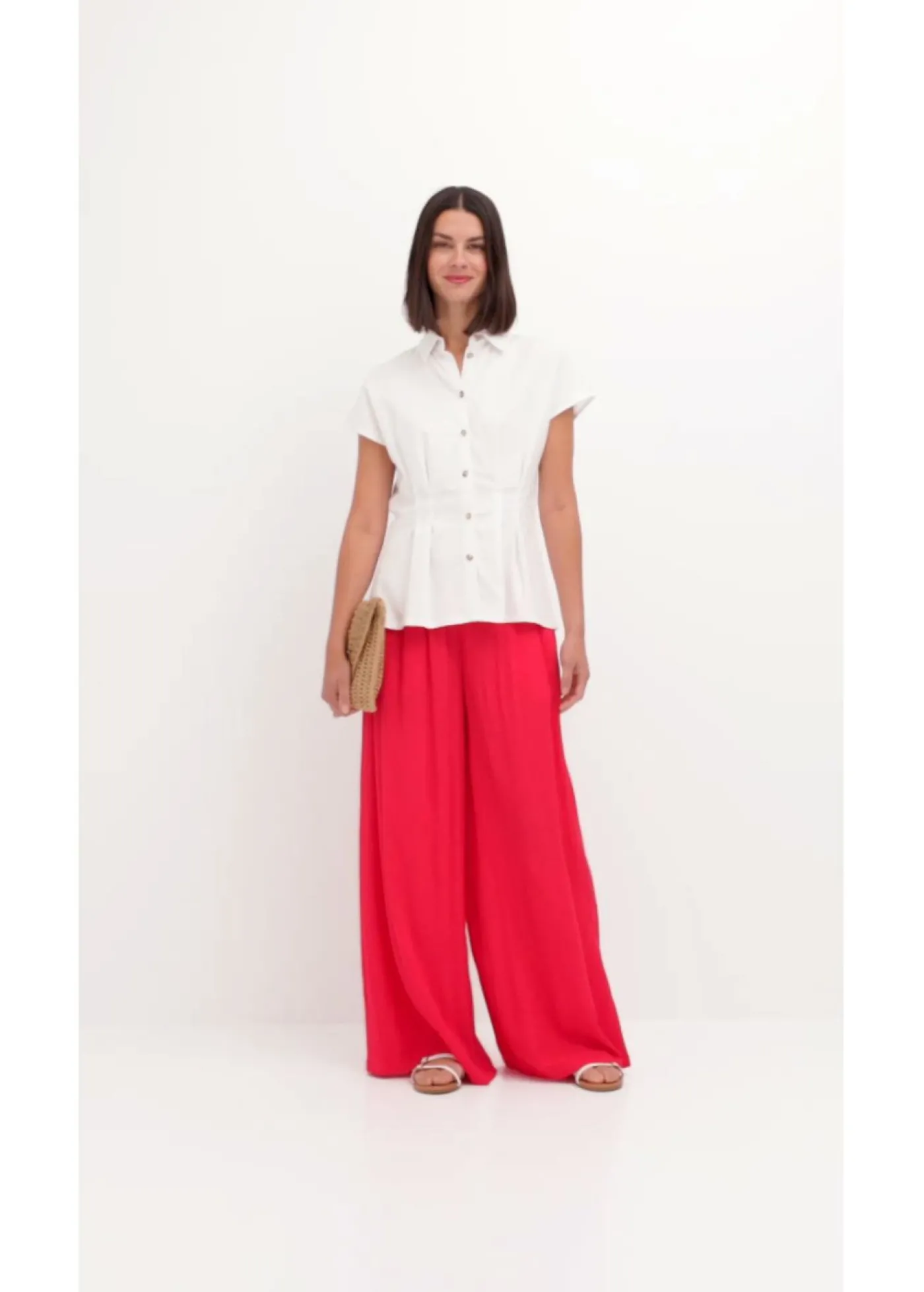 bonprix bonprix Blusa de manga corta de mezcla de lino vaporoso Blanco New