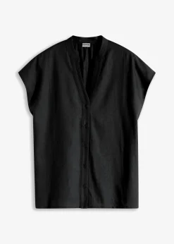 bonprix bonprix Blusa de manga corta de mezcla de lino vaporoso Negro Sale