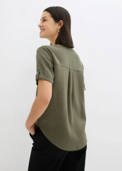 bonprix bonprix Blusa de manga corta de mezcla de viscosa firme Verde oliva oscuro New