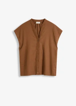 bonprix bonprix Blusa de manga corta de mezcla de lino vaporoso marrón Clearance