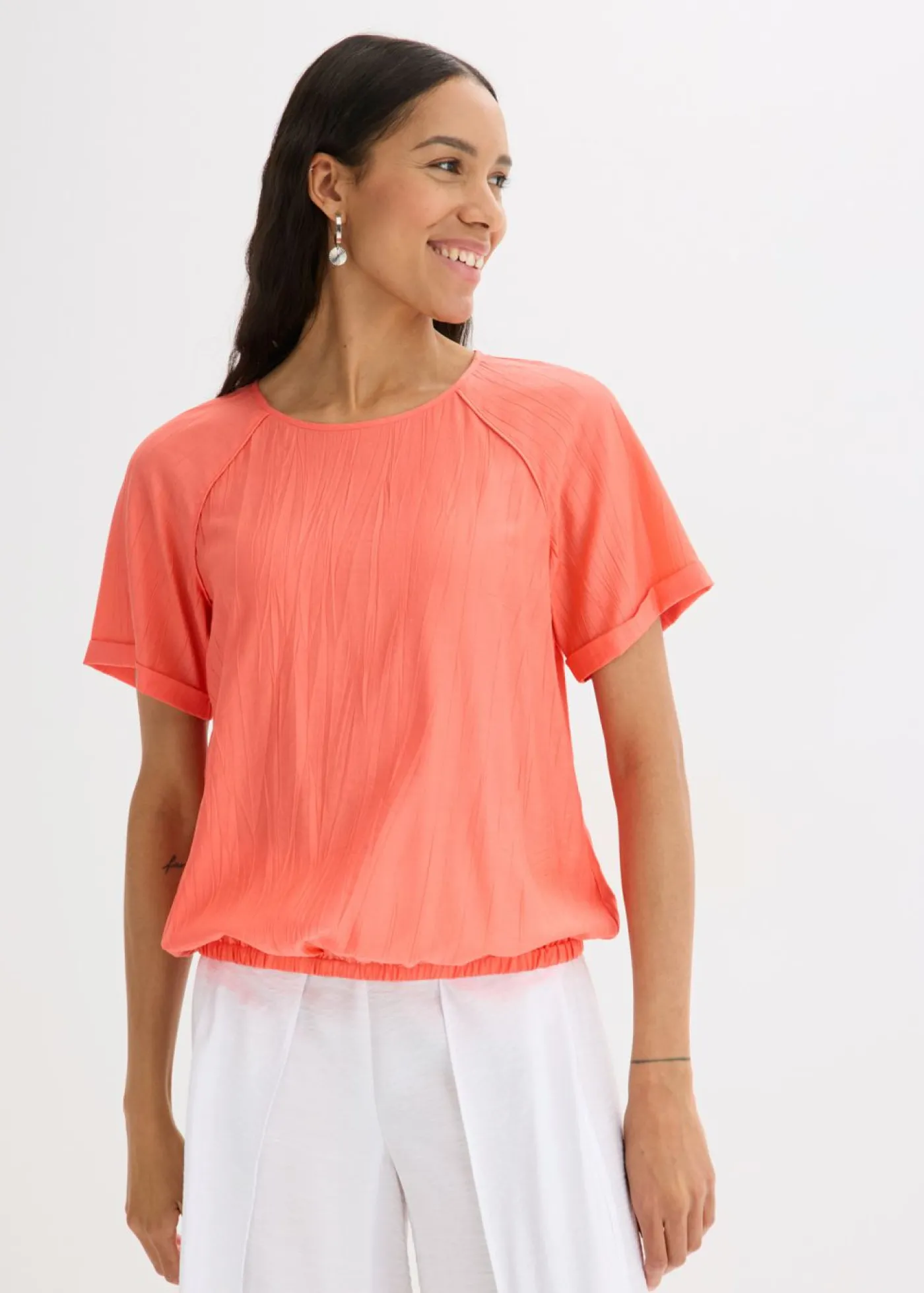 bonprix bonprix Blusa de manga corta de suave mezcla de viscosa Salmón claro Discount