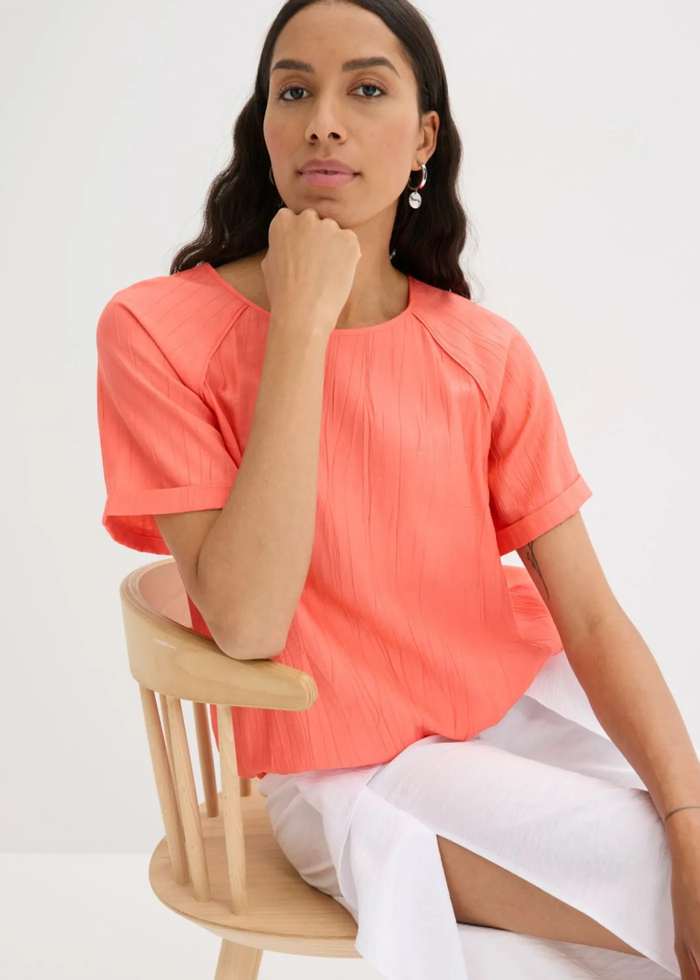 bonprix bonprix Blusa de manga corta de suave mezcla de viscosa Salmón claro Discount