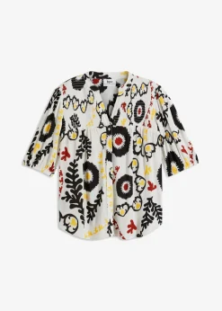 bonprix bonprix Blusa de manga corta de viscosa fluida con detalle de nido de abeja Blanco lana Sale