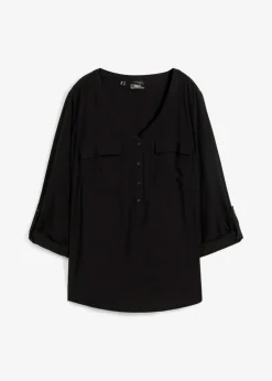 bonprix bonprix Blusa de manga larga con escote en V de viscosa fluida Negro Online
