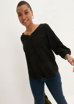 bonprix bonprix Blusa de manga larga con escote en V de viscosa fluida Negro Online